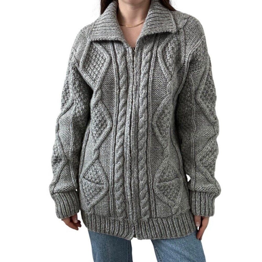 Vintage Mens Ecuadorian Hand Knit Gray Cable Knit Fisherman Chunky Cardigan Sz L